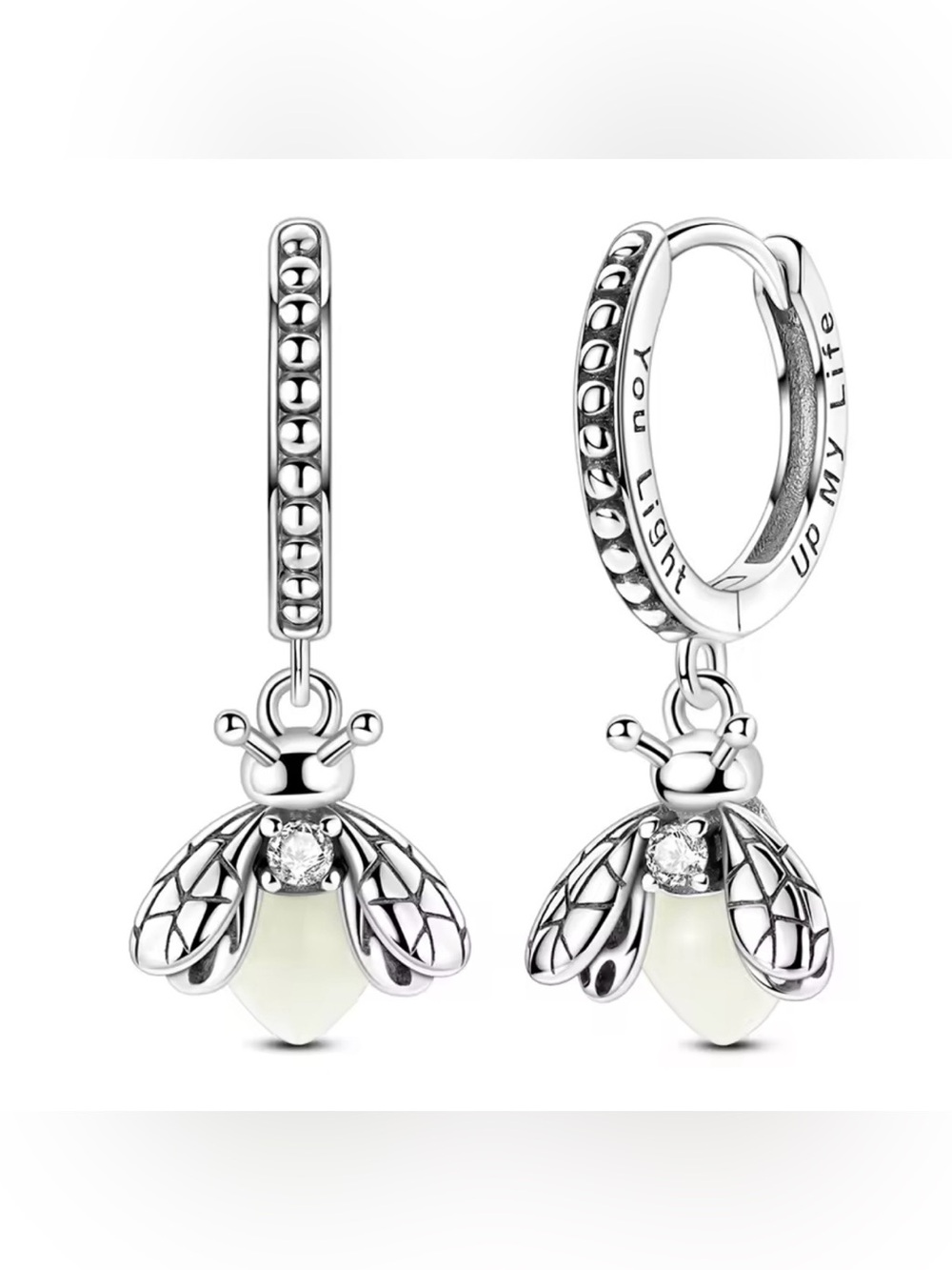 Pandora Silver Bee Hoop Earrings with Pale Green Bead